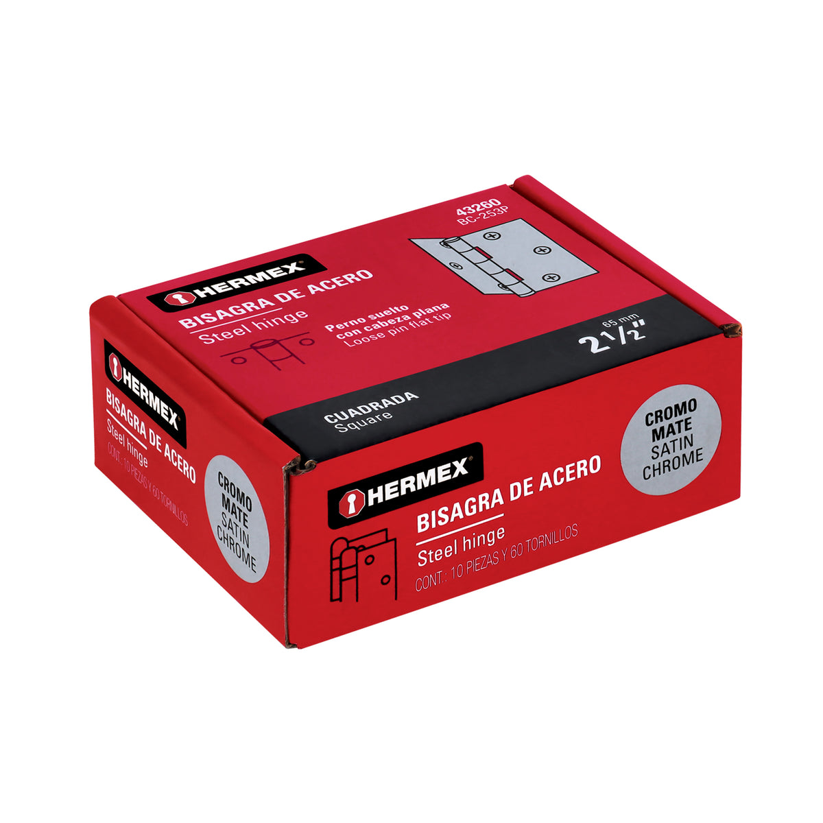 Bisagra cuadrada 2-1/2", acero cromo mate, plana