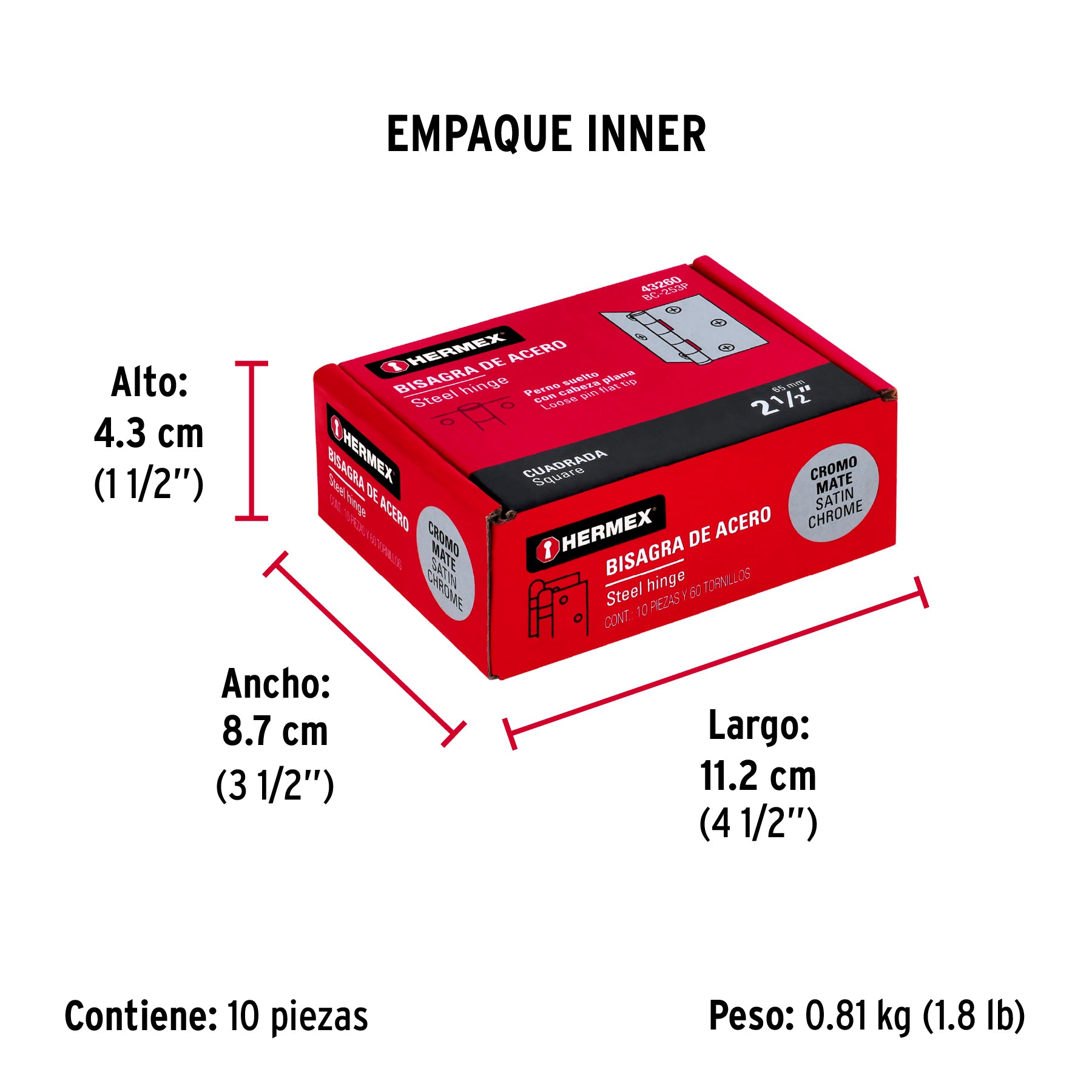 Bisagra cuadrada 2-1/2", acero cromo mate, plana