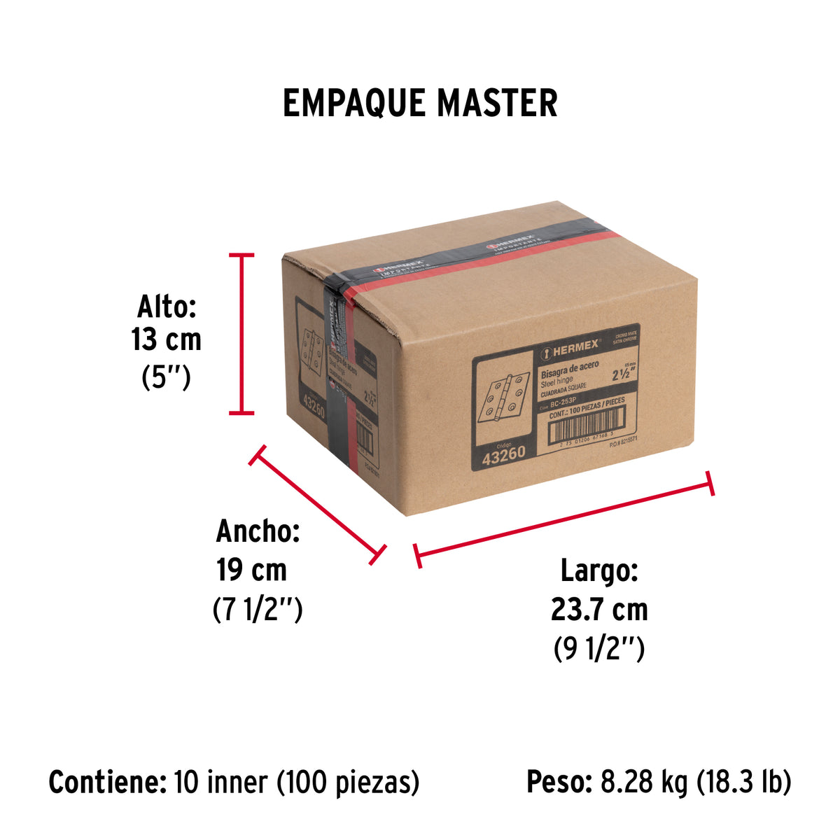 Bisagra cuadrada 2-1/2", acero cromo mate, plana