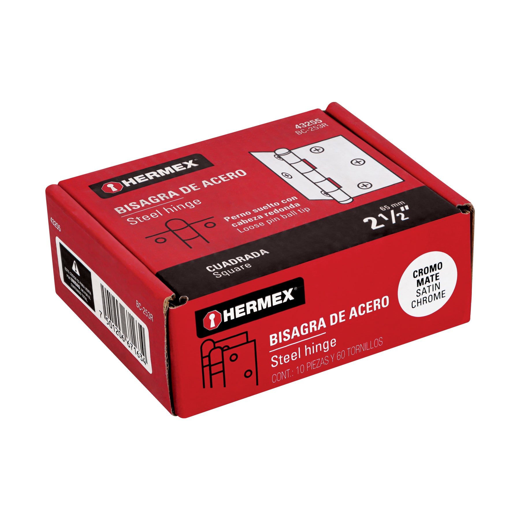 Bisagra cuadrada 2-1/2", acero cromo mate, redonda