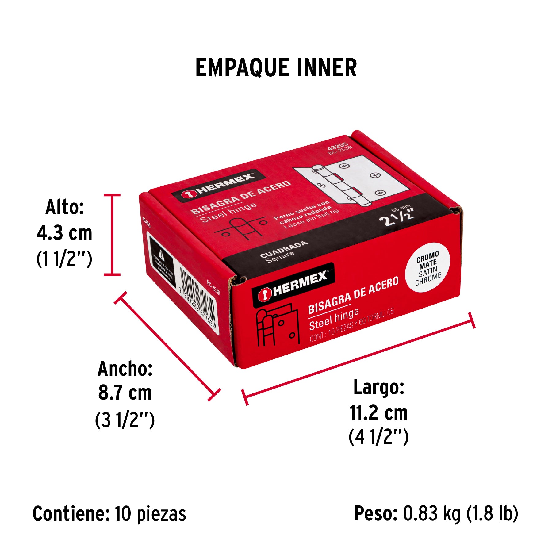 Bisagra cuadrada 2-1/2", acero cromo mate, redonda