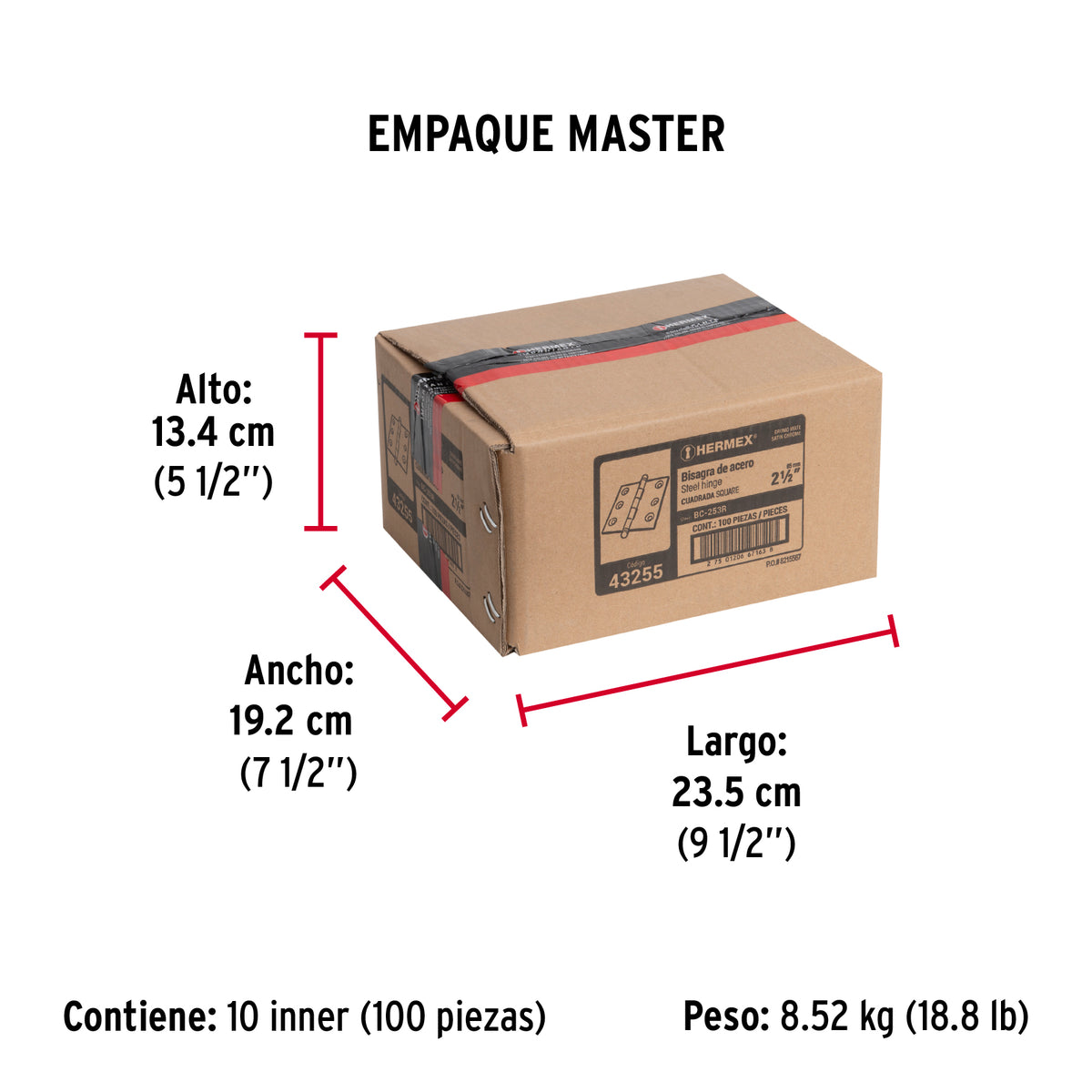 Bisagra cuadrada 2-1/2", acero cromo mate, redonda