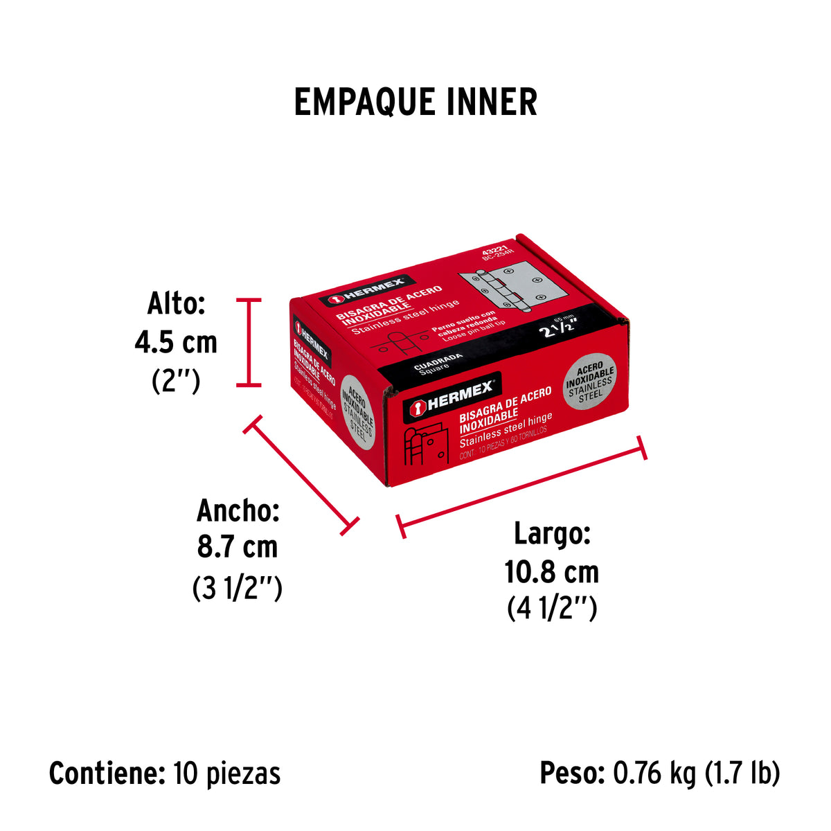 Bisagra cuadrada 2-1/2", acero inoxidable, redonda