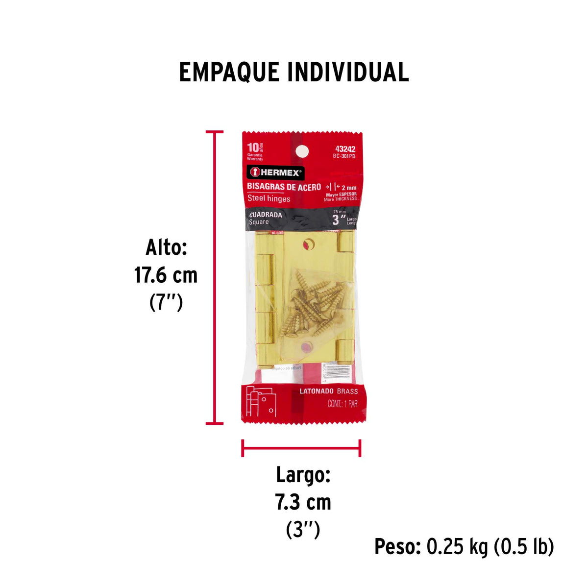 Bisagras cuadradas 3", acero latonado, plana, blíster 2