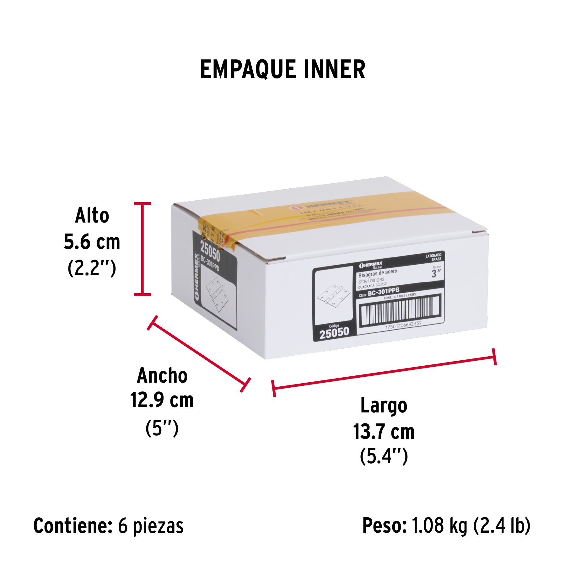 Bisagra cuadrada 3", acero latonado, blíster 2, Hermex Basic