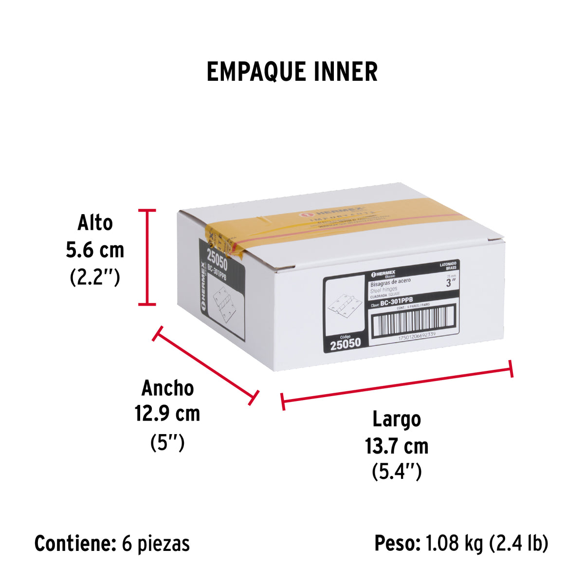 Bisagra cuadrada 3", acero latonado, blíster 2, Hermex Basic