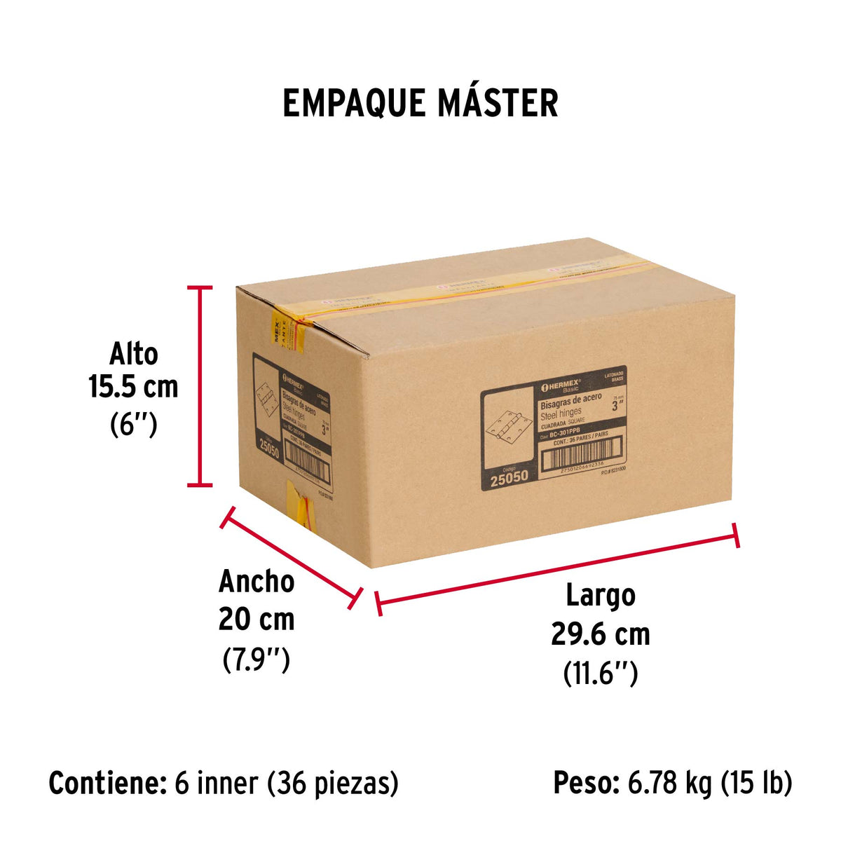 Bisagra cuadrada 3", acero latonado, blíster 2, Hermex Basic