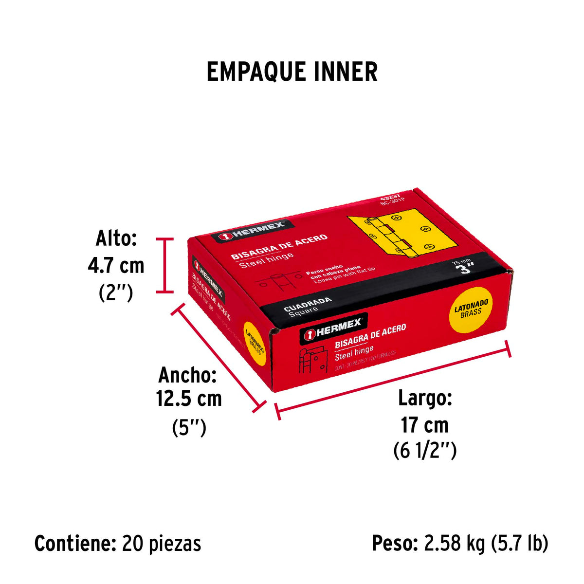 Bisagra cuadrada 3", acero latonado, plana