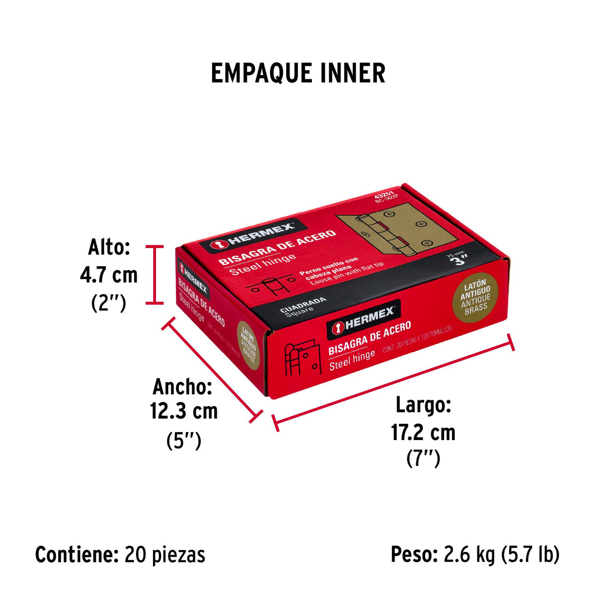 Bisagra cuadrada 3", acero latonado antiguo, plana