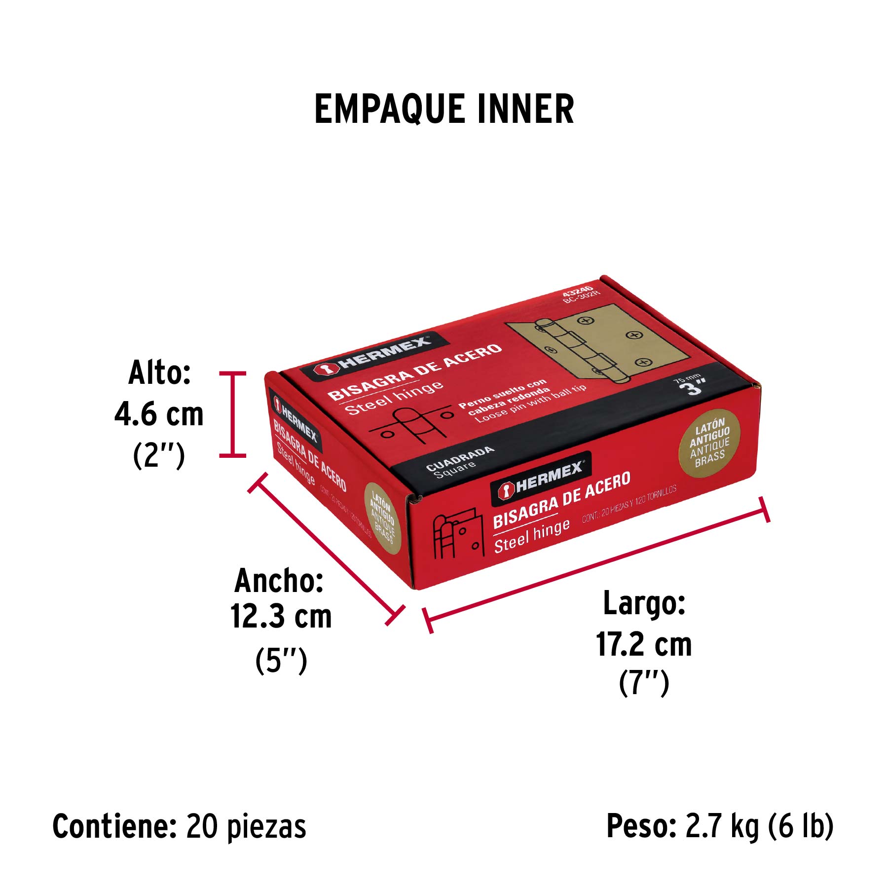 Bisagra cuadrada 3", acero latonado antiguo, redonda