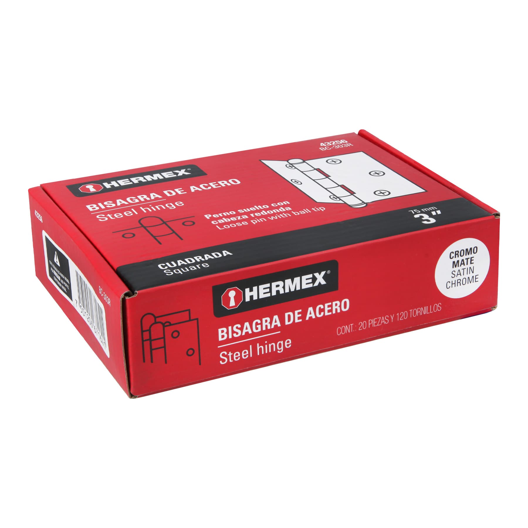 Bisagra cuadrada 3", acero cromo mate, redonda