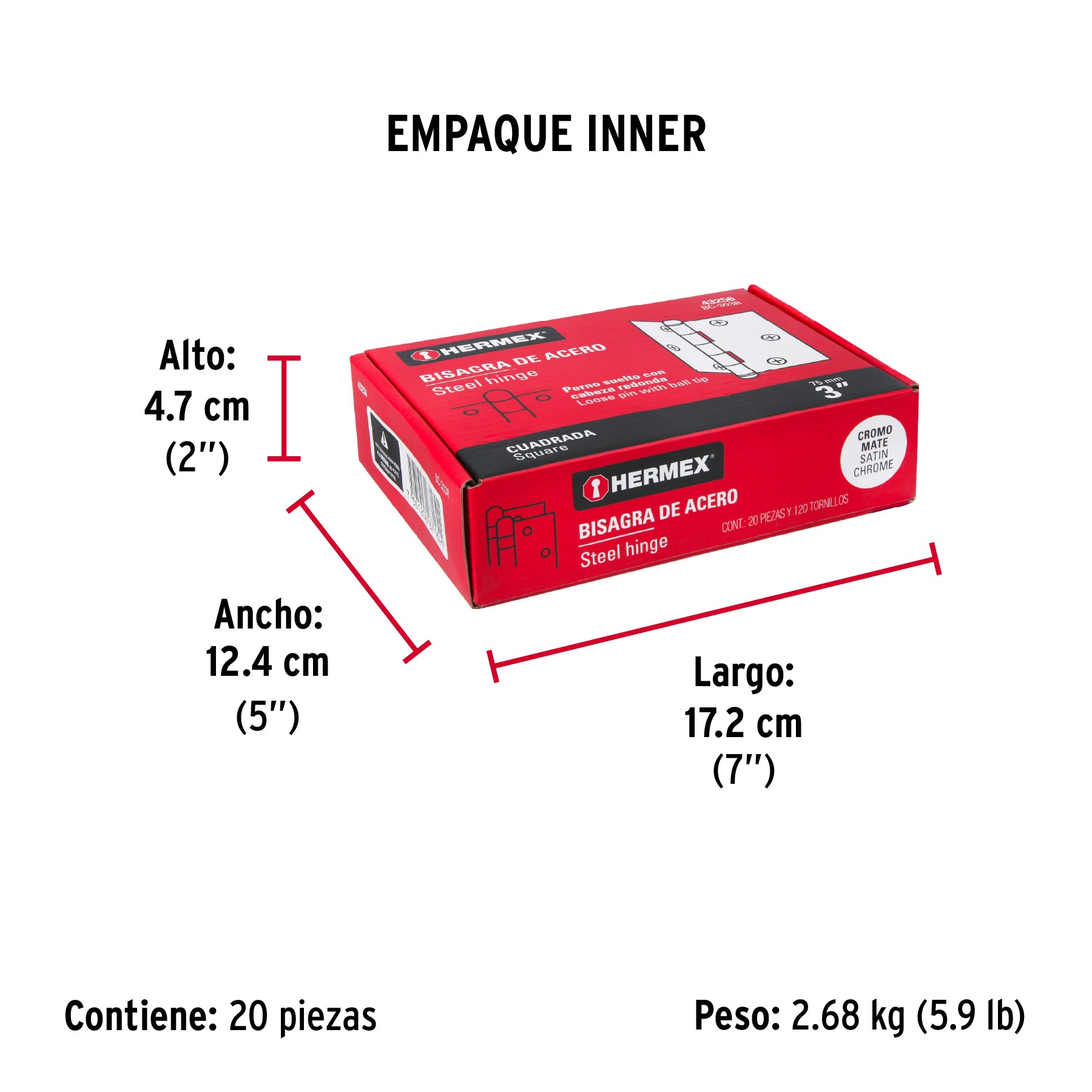 Bisagra cuadrada 3", acero cromo mate, redonda
