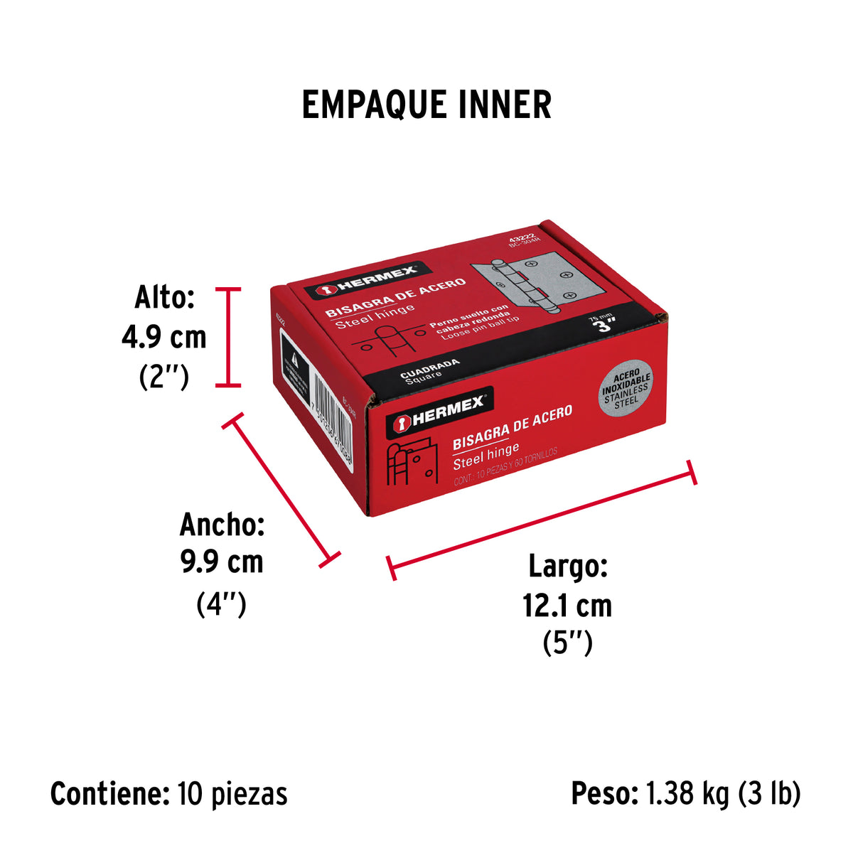 Bisagra cuadrada 3", acero inoxidable, redonda