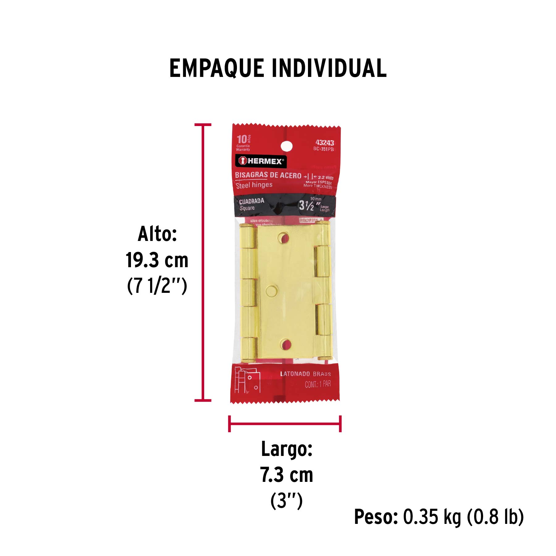 Bisagras cuadradas 3-1/2", acero latonado, plana, blíster 2