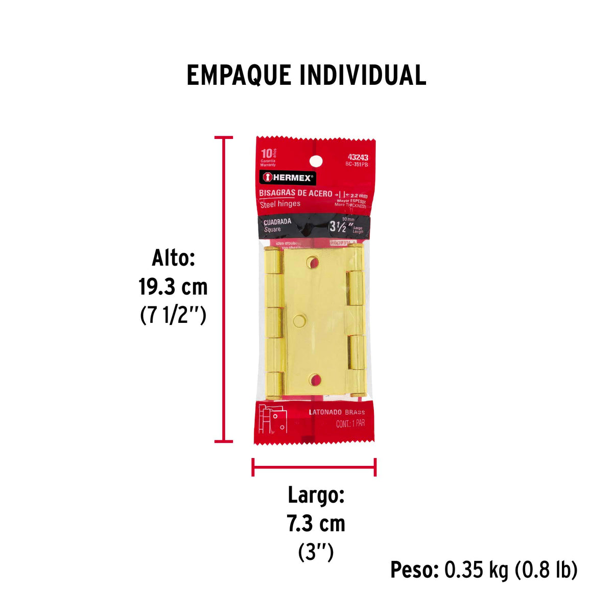 Bisagras cuadradas 3-1/2", acero latonado, plana, blíster 2