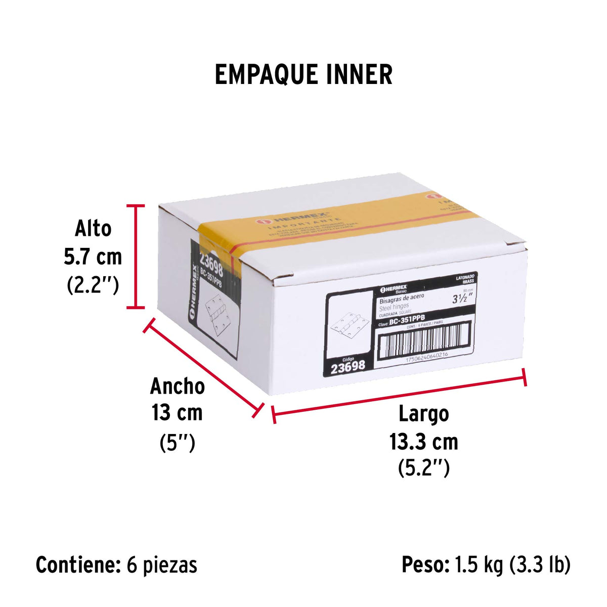 Bisagra cuadrada 3-1/2",acero latonado,blíster 2,HermexBasic