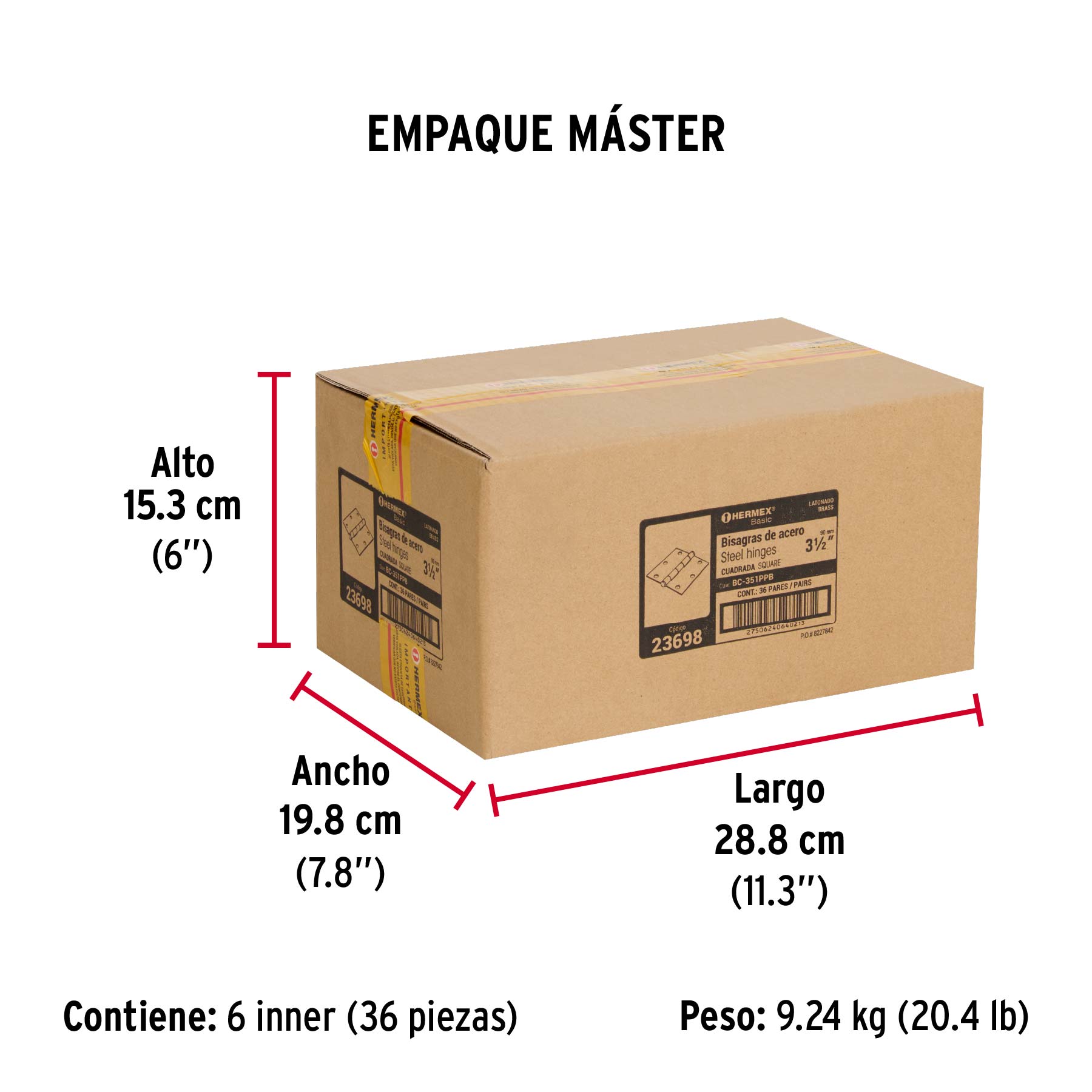 Bisagra cuadrada 3-1/2",acero latonado,blíster 2,HermexBasic