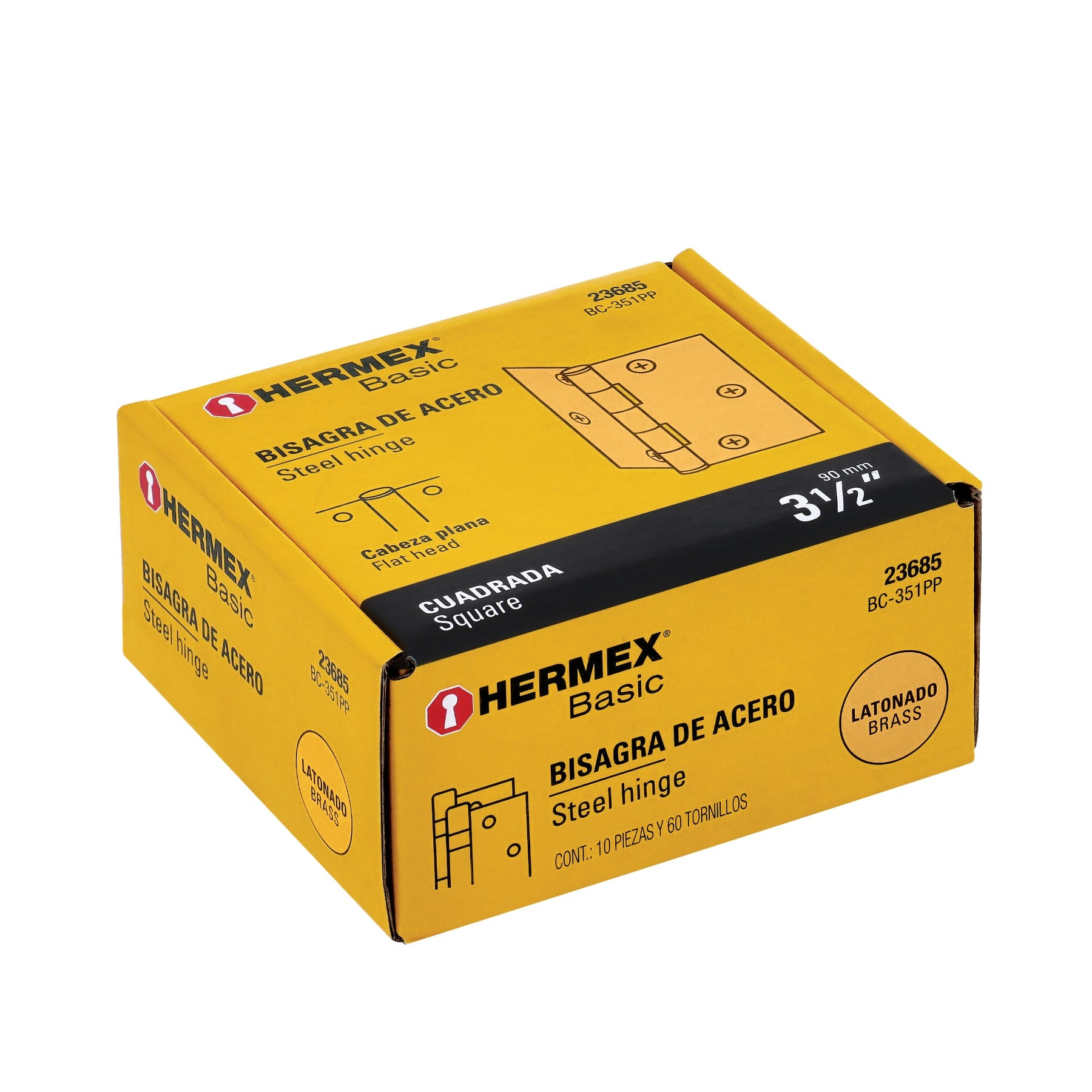 Bisagra cuadrada 3-1/2", acero latonado, plana, Hermex Basic
