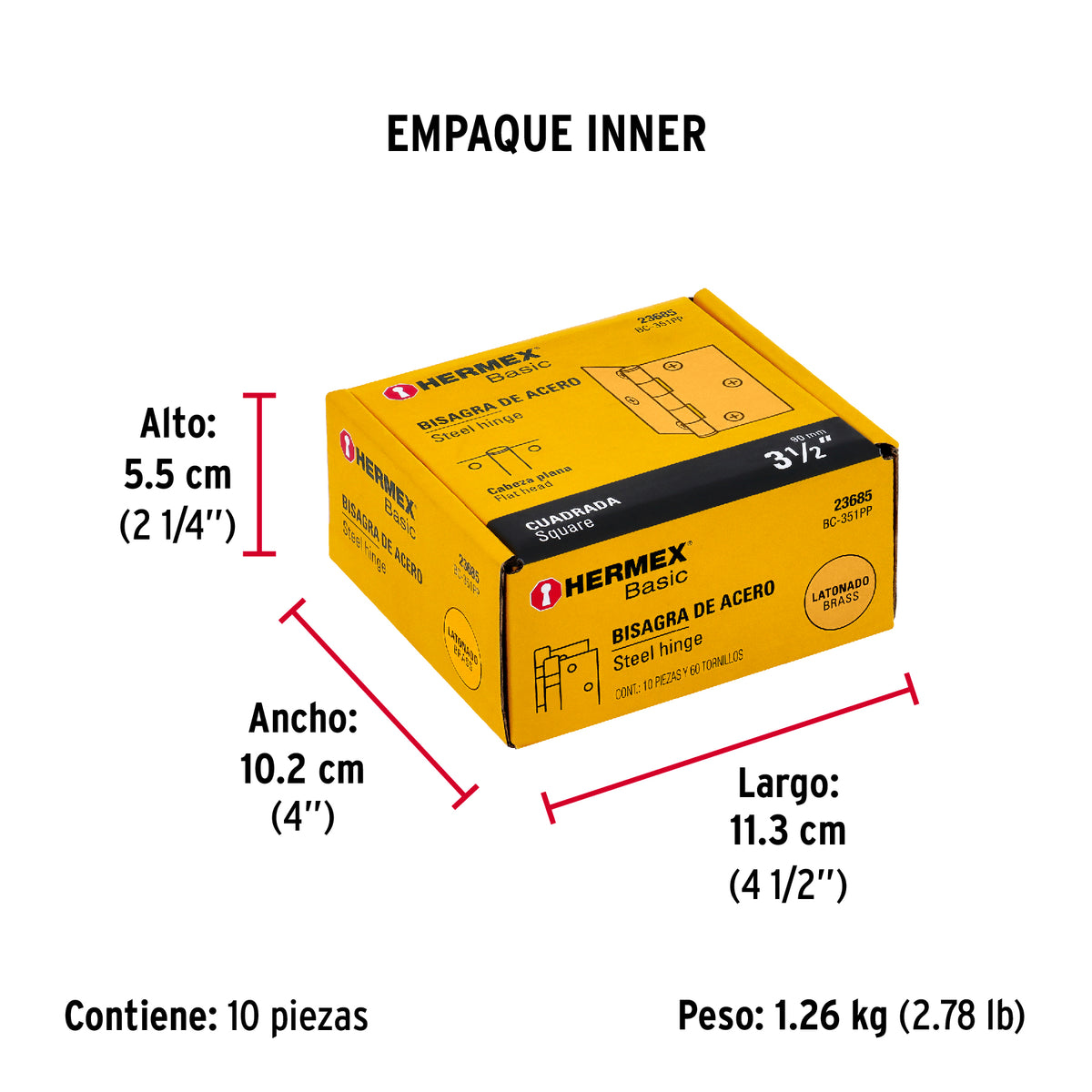 Bisagra cuadrada 3-1/2", acero latonado, plana, Hermex Basic