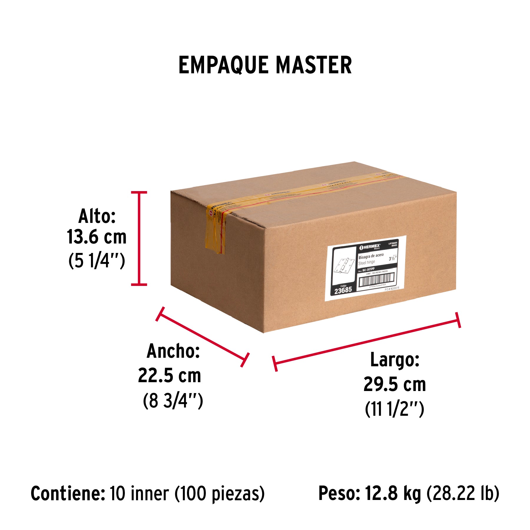 Bisagra cuadrada 3-1/2", acero latonado, plana, Hermex Basic