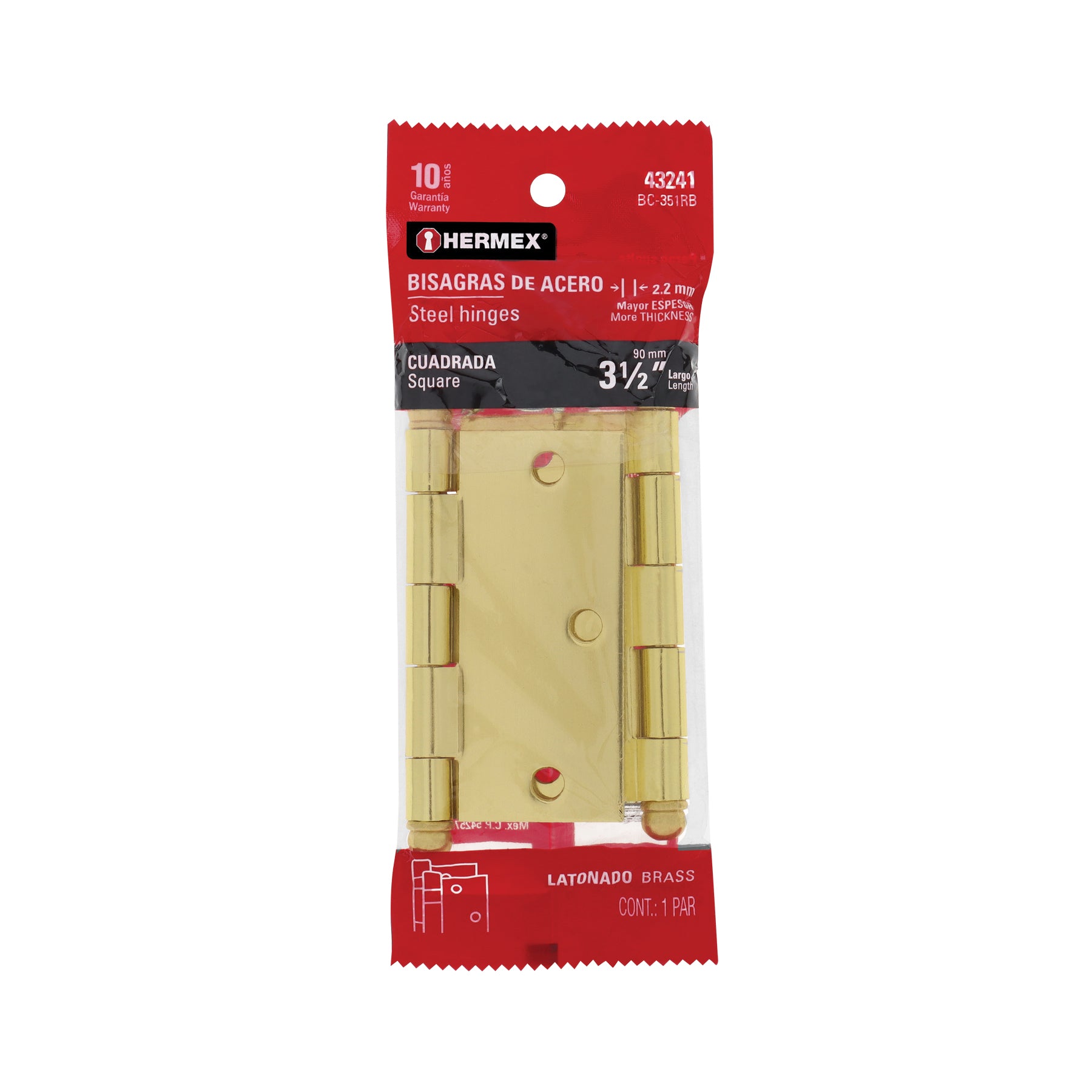 Bisagras cuadradas 3-1/2", acero latonado, redonda,blíster 2