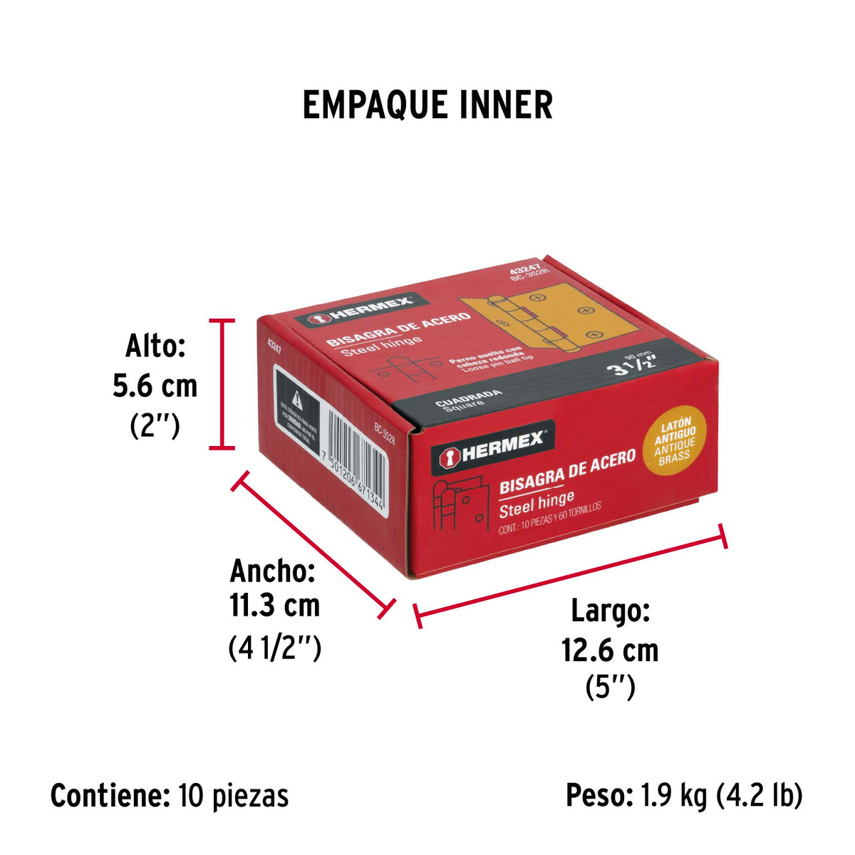 Bisagra cuadrada 3-1/2", acero latonado antiguo, redonda