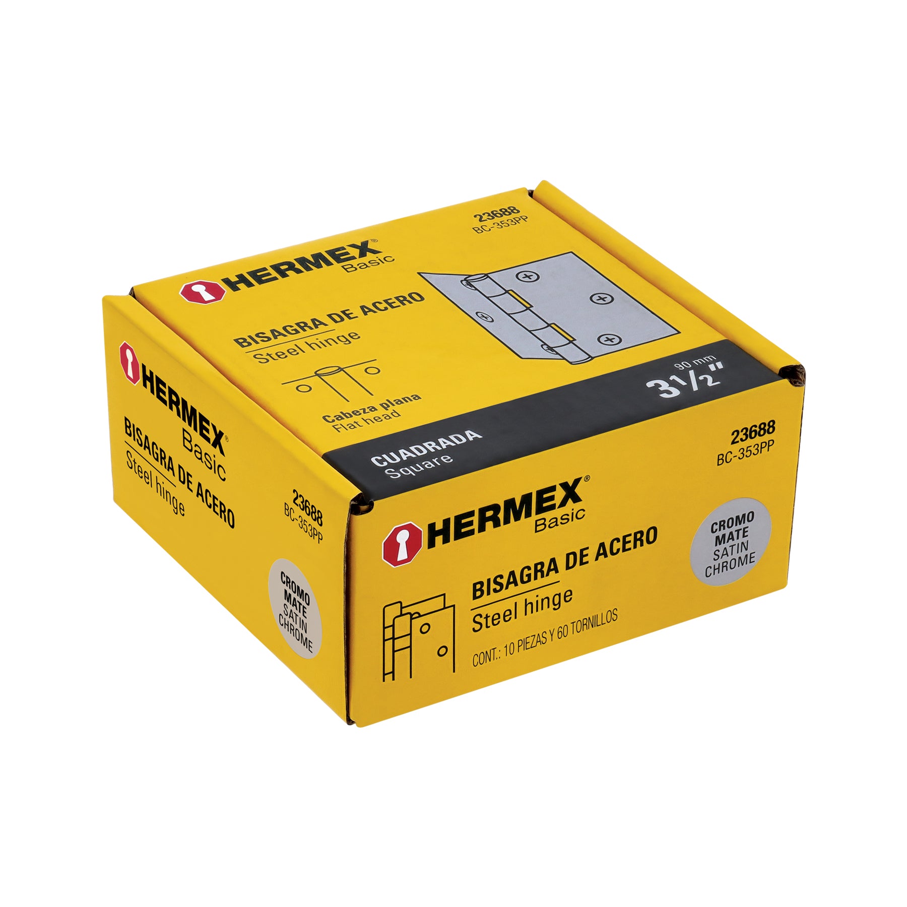 Bisagra cuadrada 3-1/2", acero cromo mate,plana,Hermex Basic