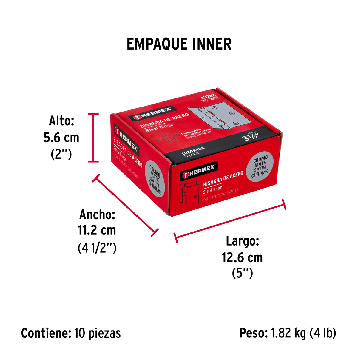 Bisagra cuadrada 3-1/2", acero cromo mate, plana