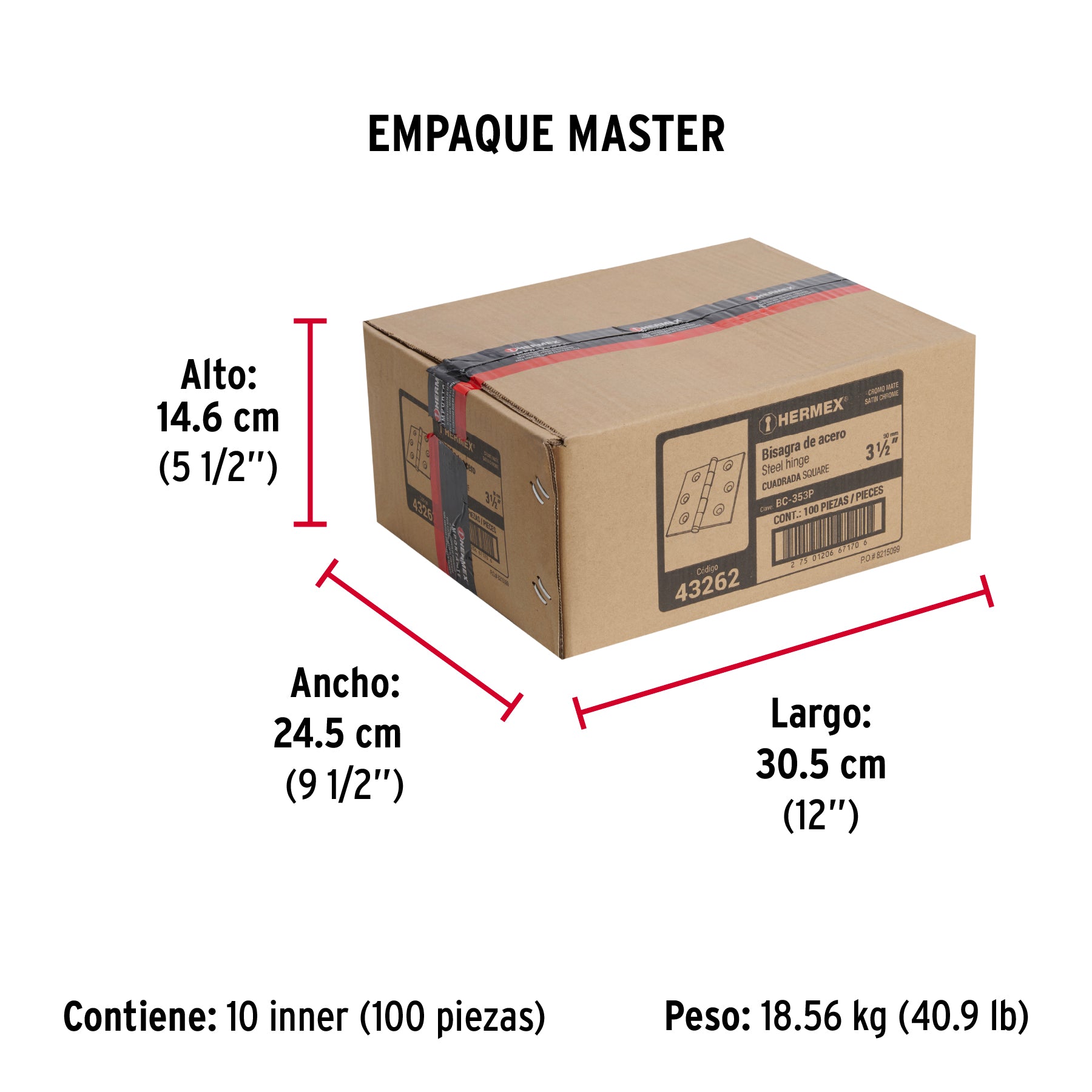 Bisagra cuadrada 3-1/2", acero cromo mate, plana