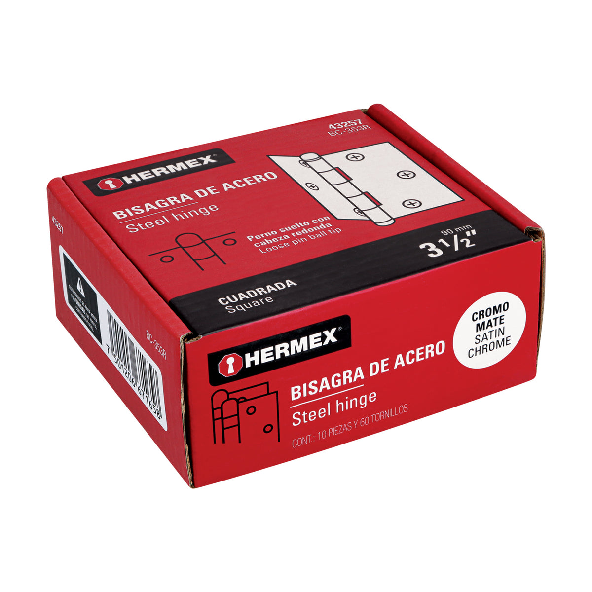 Bisagra cuadrada 3-1/2", acero cromo mate, redonda