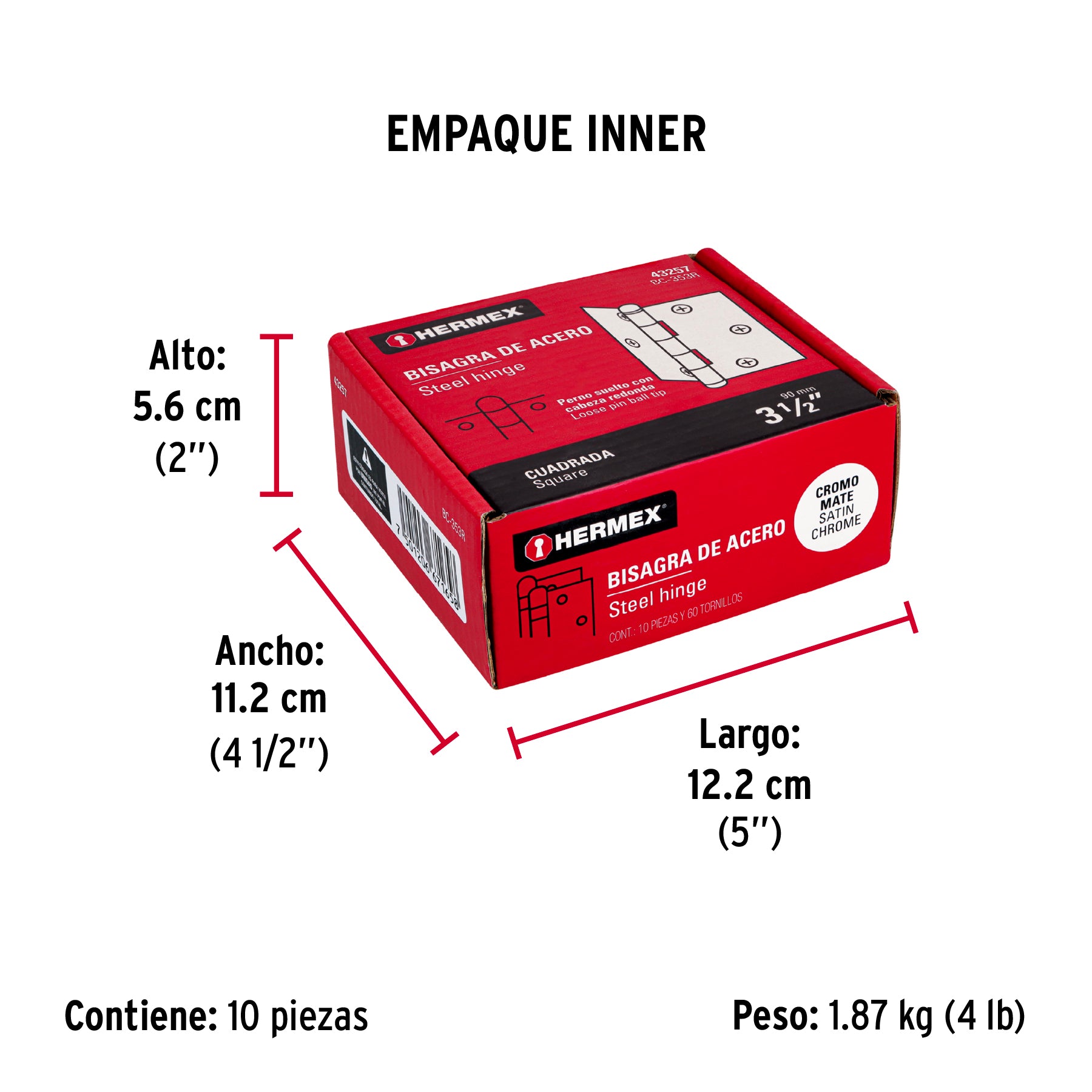 Bisagra cuadrada 3-1/2", acero cromo mate, redonda
