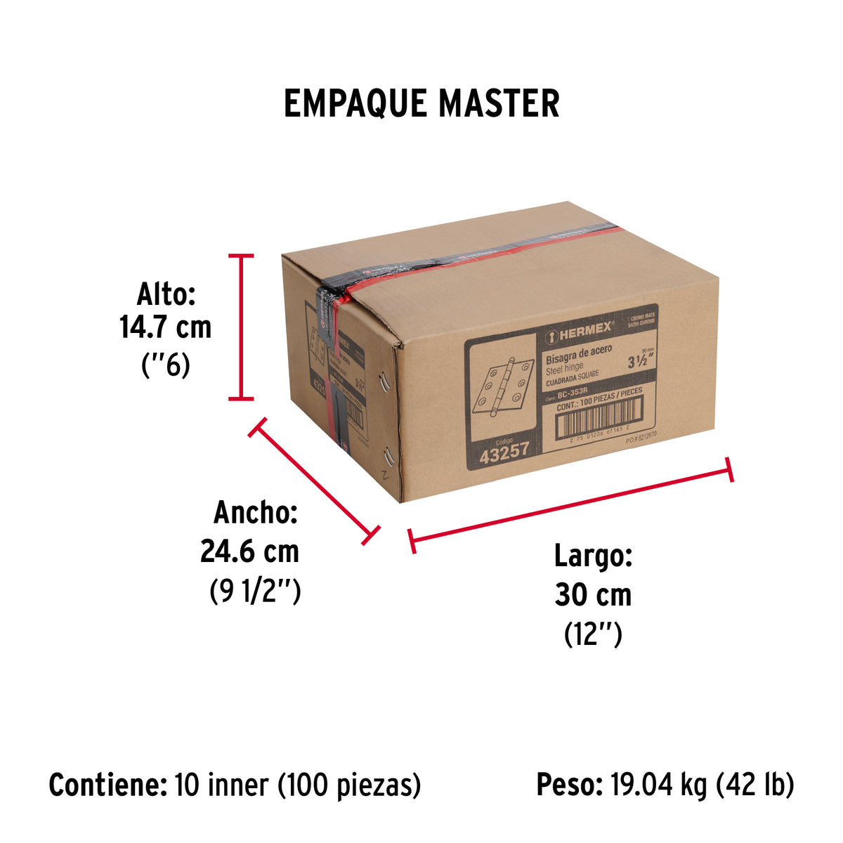 Bisagra cuadrada 3-1/2", acero cromo mate, redonda