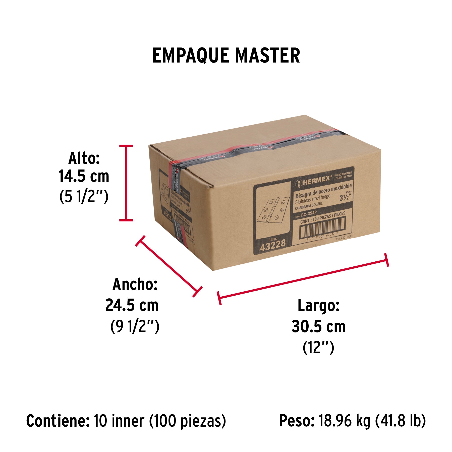 Bisagra cuadrada 3-1/2", acero inoxidable, plana