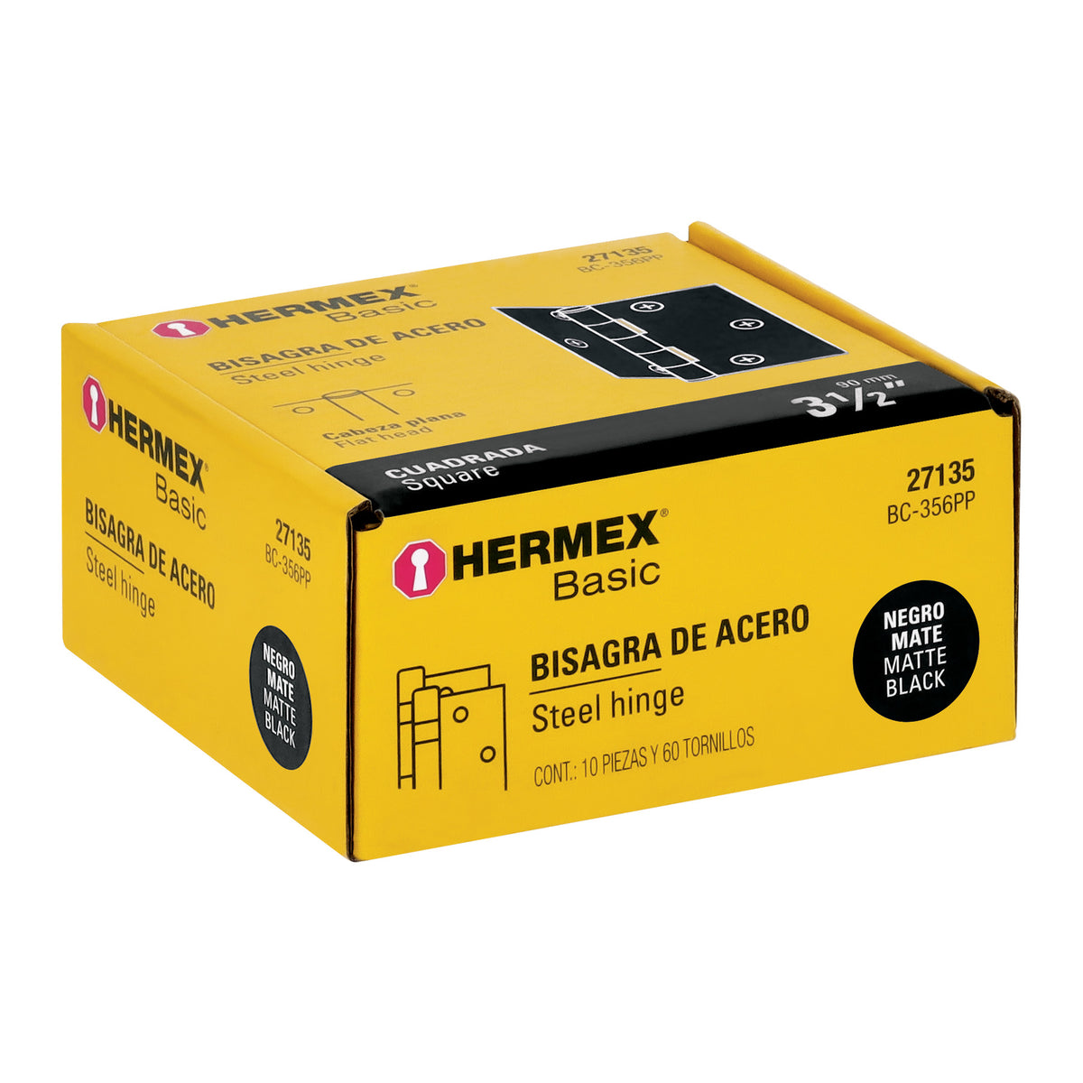 Bisagra cuadrada 3-1/2', negro mate, cabeza plana, Basic