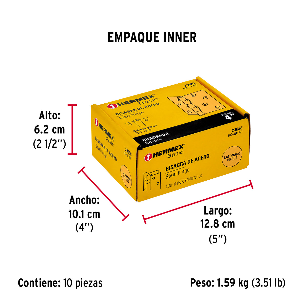 Bisagra cuadrada, 4", acero latonado, plana, Hermex Basic