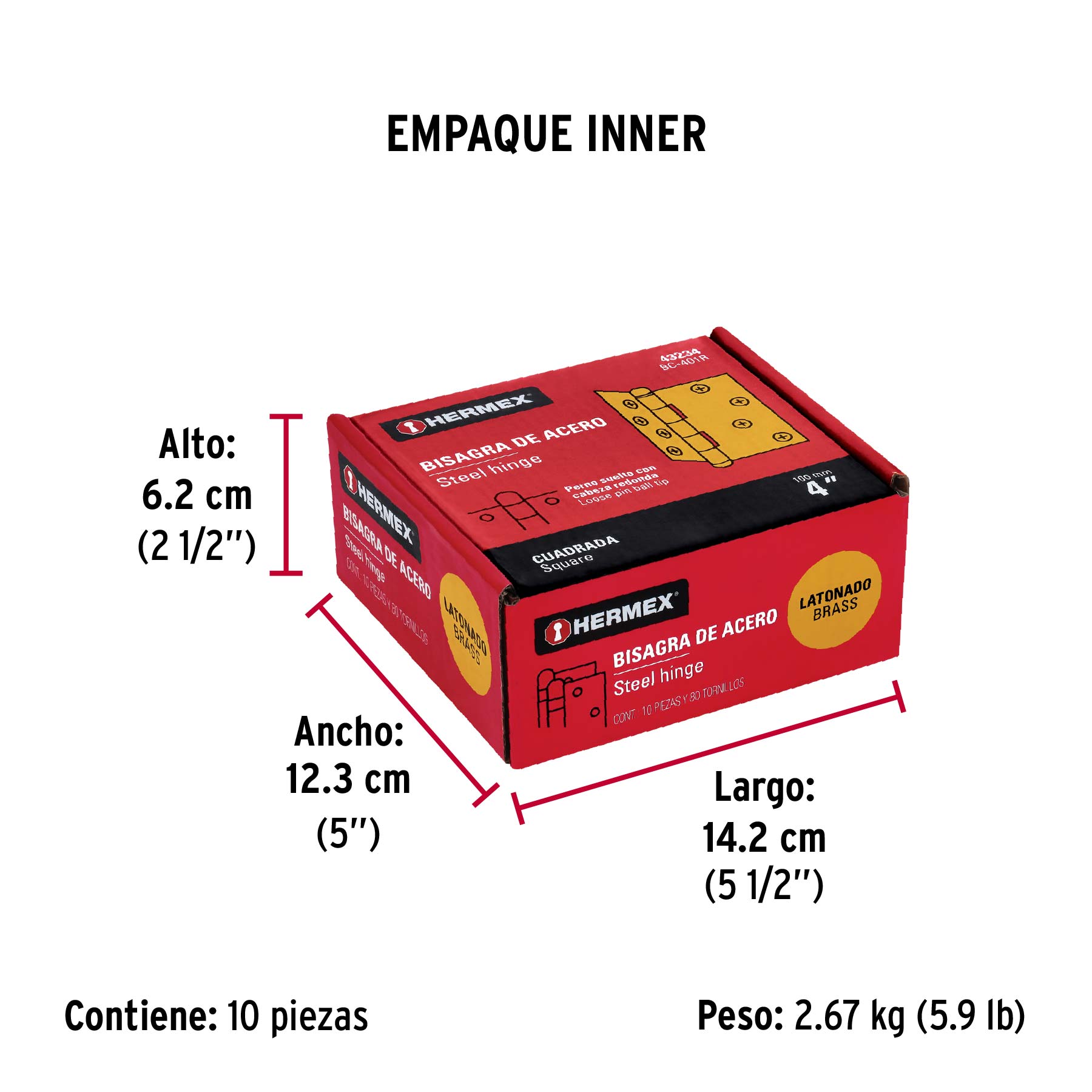 Bisagra cuadrada 4", acero latonado, redonda