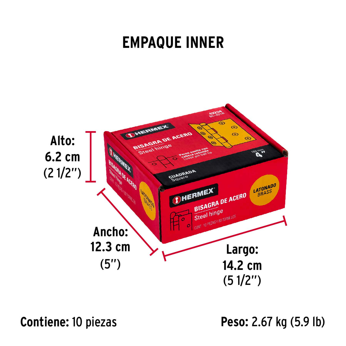 Bisagra cuadrada 4", acero latonado, redonda