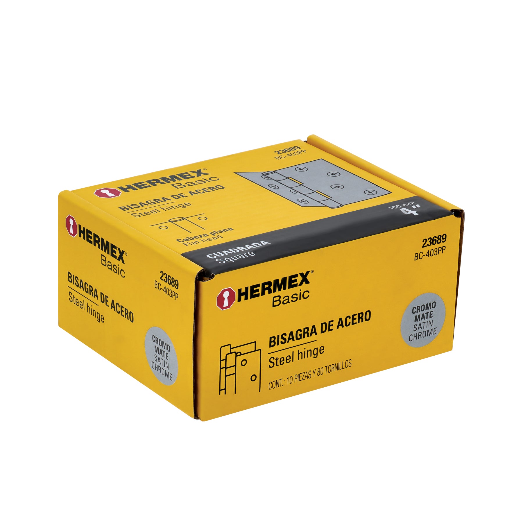 Bisagra cuadrada 4", acero cromo mate, plana, Hermex Basic