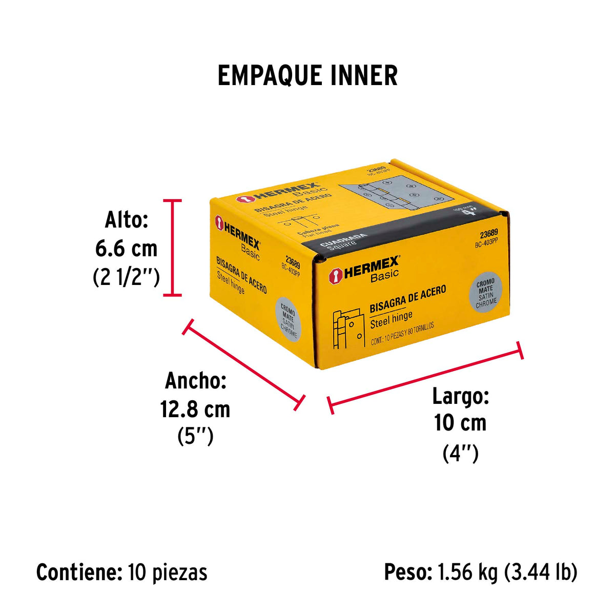Bisagra cuadrada 4", acero cromo mate, plana, Hermex Basic