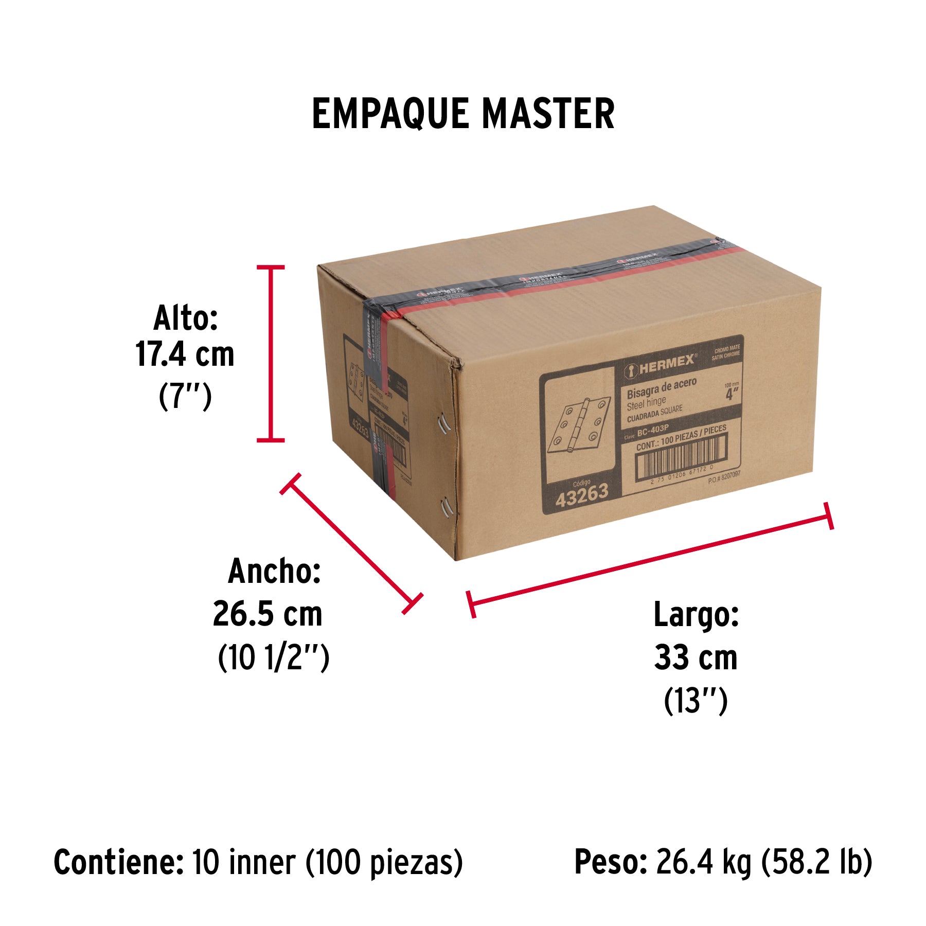 Bisagra cuadrada 4", acero cromo mate, plana