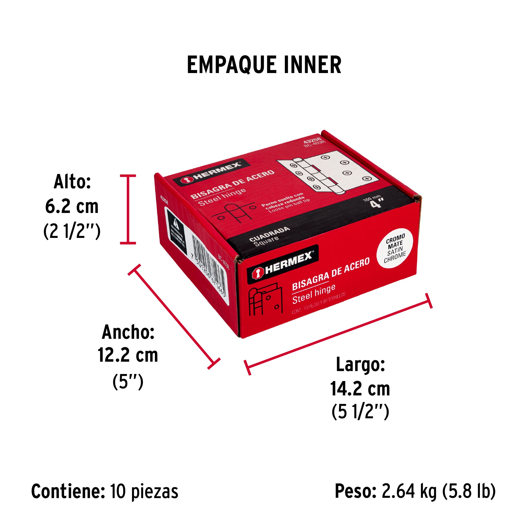 Bisagra cuadrada 4", acero cromo mate, redonda