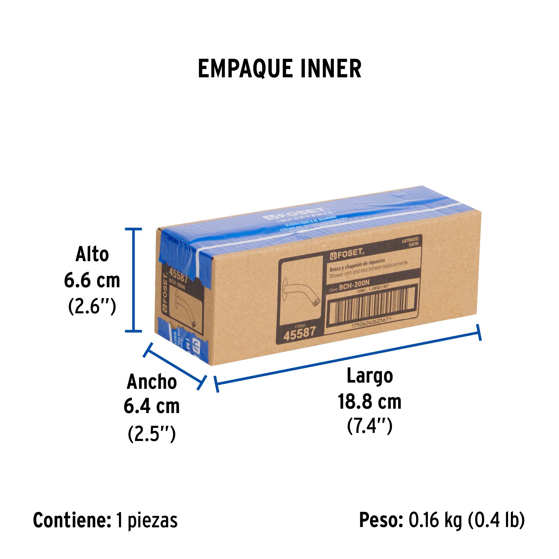 Brazo y chapetón de repuesto para regadera, latón, satinado