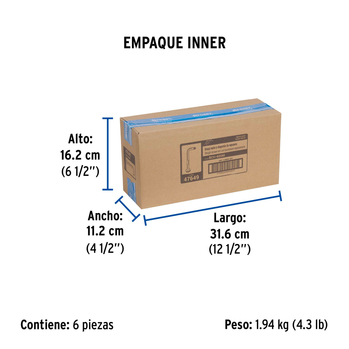 Brazo recto con chapetón para regadera, 40 cm, negro mate