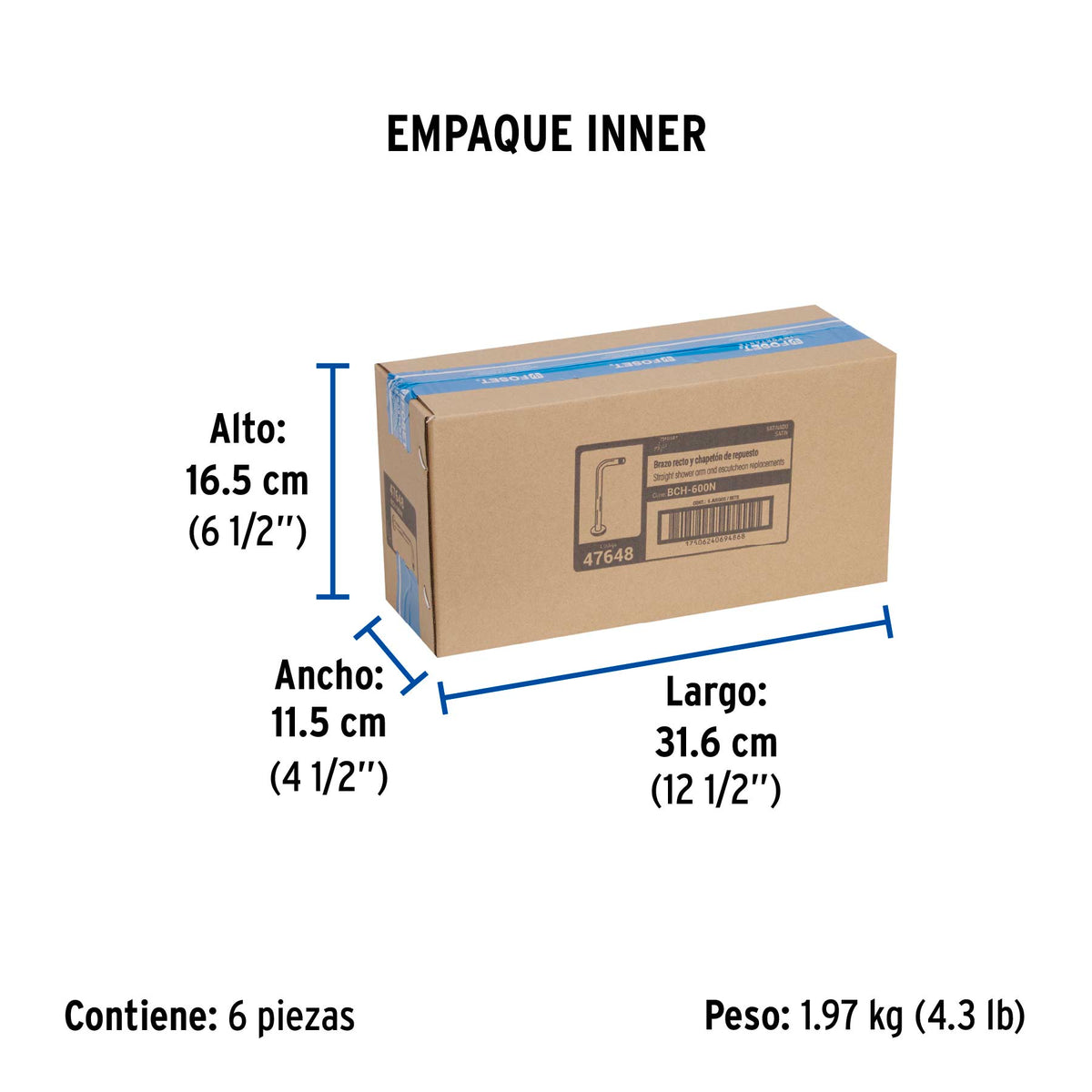 Brazo recto con chapetón para regadera, 40 cm, satín