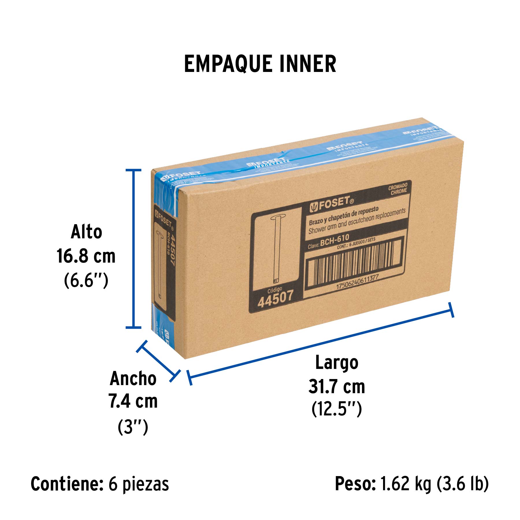 Brazo y chapetón recto de repuesto para regadera, Aqua