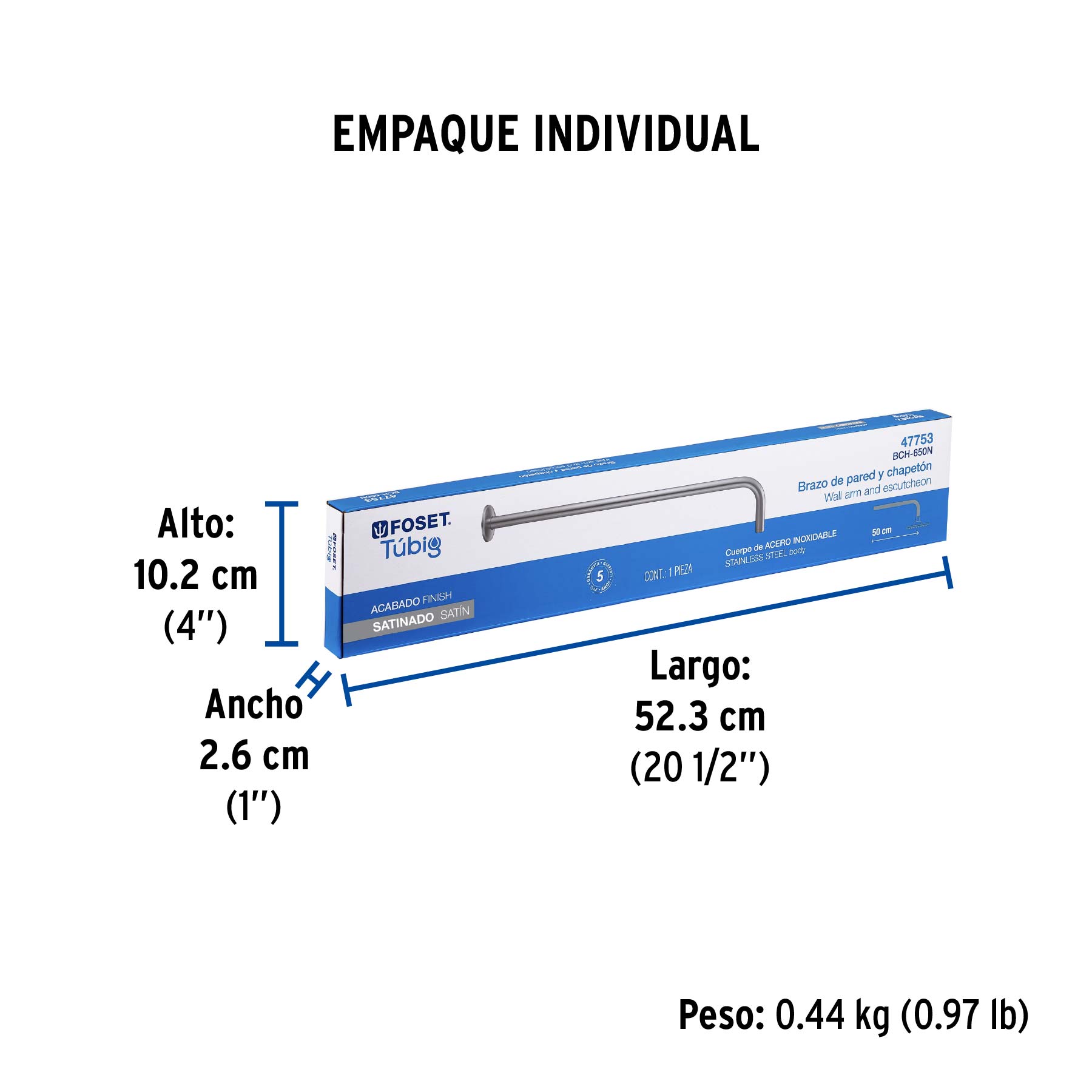 Brazo recto 50 cm con chapetón para regadera, satín, Foset