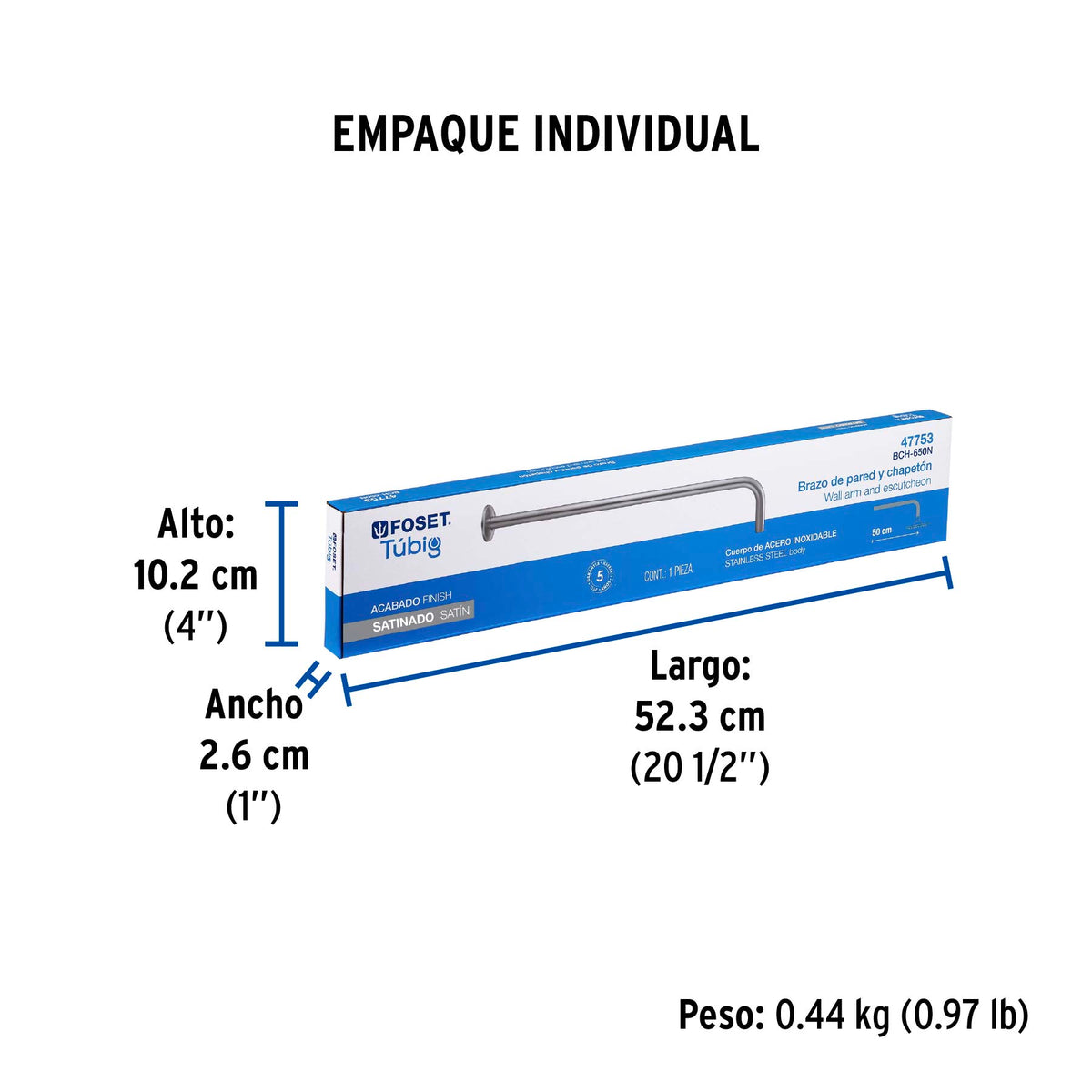 Brazo recto 50 cm con chapetón para regadera, satín, Foset