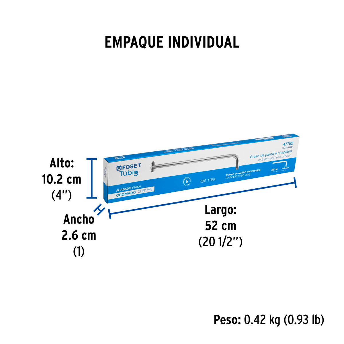 Brazo recto 50 cm con chapetón para regadera, cromo, Foset
