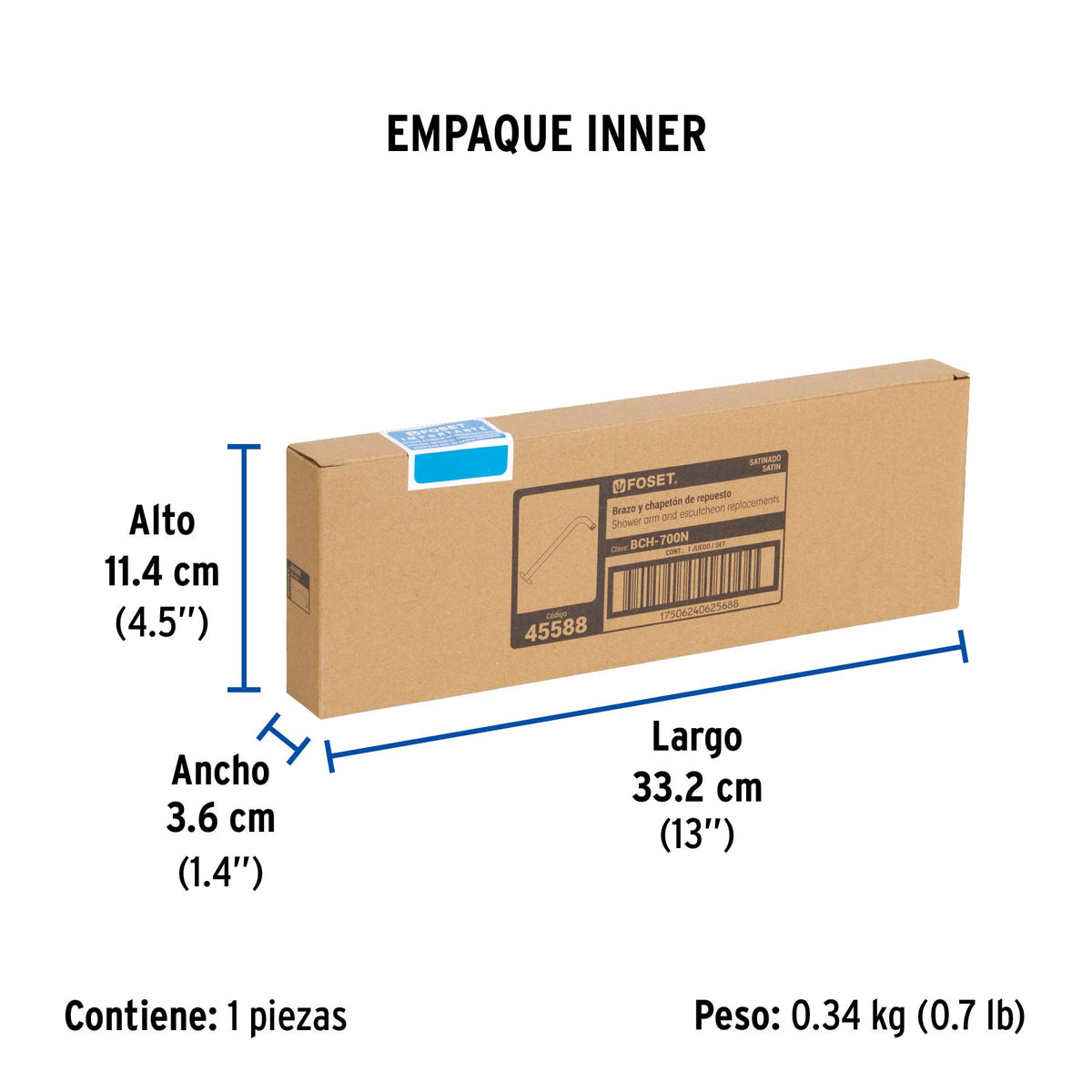 Brazo y chapetón de repuesto para regadera, 30 cm, satinado