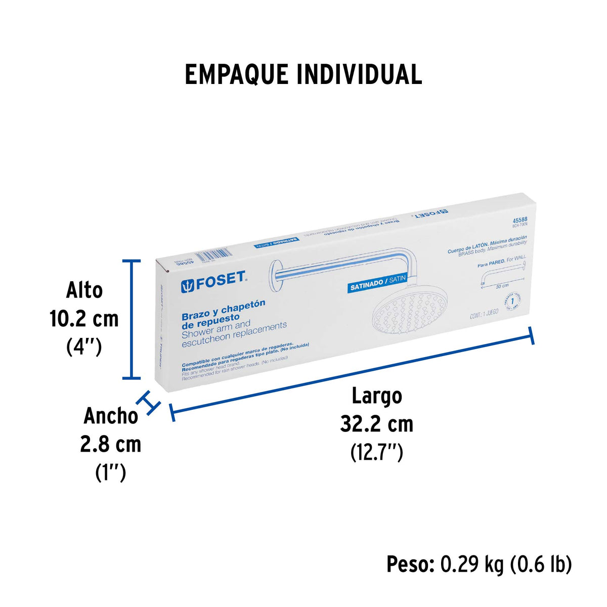 Brazo y chapetón de repuesto para regadera, 30 cm, satinado